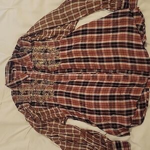 NWOT Free People plaid embroidered & sequin detail top